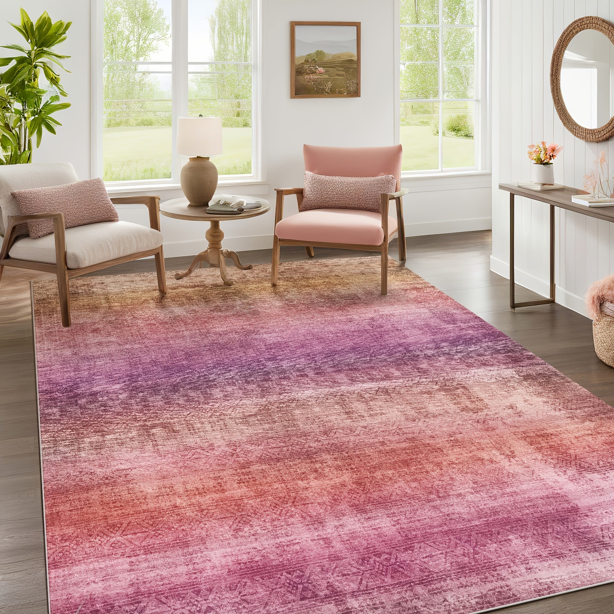 1pc Washable Area Rug Gradient Teal Blue Soft & Non-Slip, Vintage Moroccan Style, Modern Abstract Easy Cleaning - Perfect For Living Room, Bedroom, Dining Room