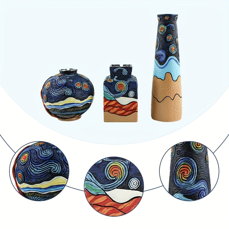 Starry Night Vase Set - 3pcs Blue Gradient Resin For Fresh\u002FDried Flowers Living Room Decor