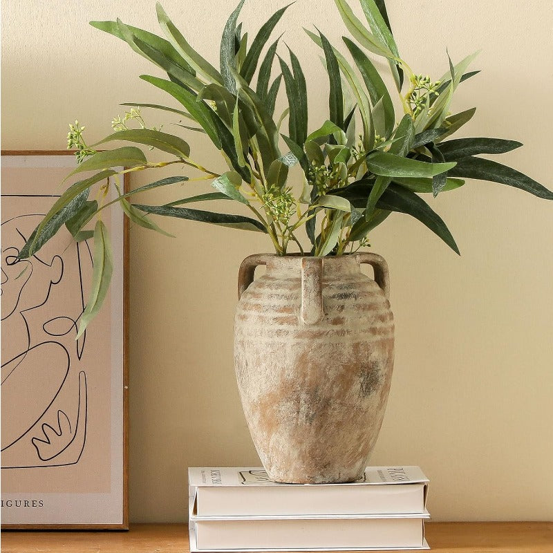 Ceramic Flower Vase - Farmhouse Rustic Vintage Style Aesthetic Modern Home Decor, Elegant Cylindrical Vase for Table Centerpiece, Living Room, Kitchen, Bedroom, Desk Decoration - Durable Ceramic Vase for Fresh or Artificial Flowers