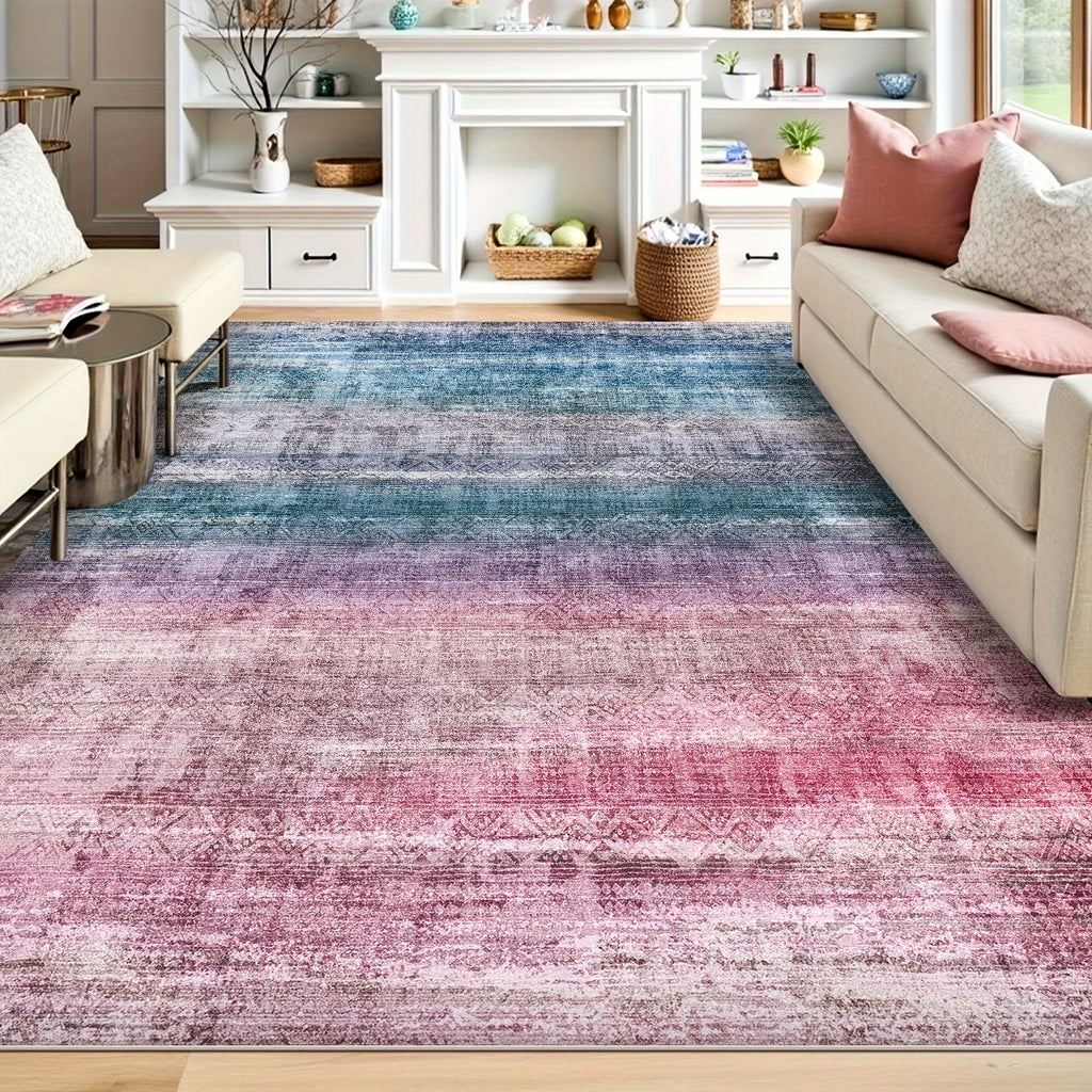 1pc Washable Area Rug Gradient Teal Blue Soft & Non-Slip, Vintage Moroccan Style, Modern Abstract Easy Cleaning - Perfect For Living Room, Bedroom, Dining Room