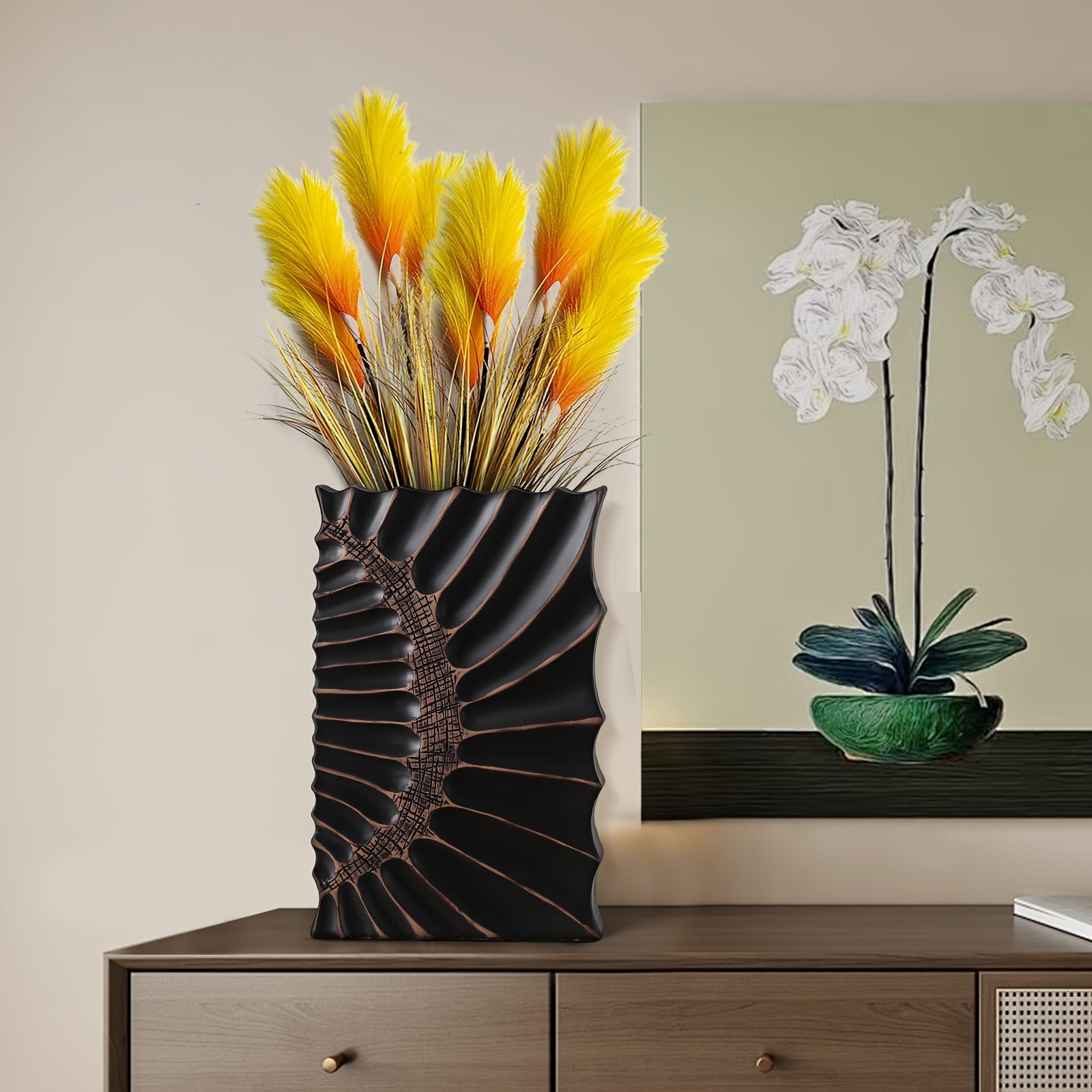 Elegant 12-Inch Black Resin Vase with Geometric Design - Modern Home Decor Tall Vase for Stylish Centerpieces in Kitchen, Bedroom, Office, Living Room, Bathroom & More, Vases Home Decor