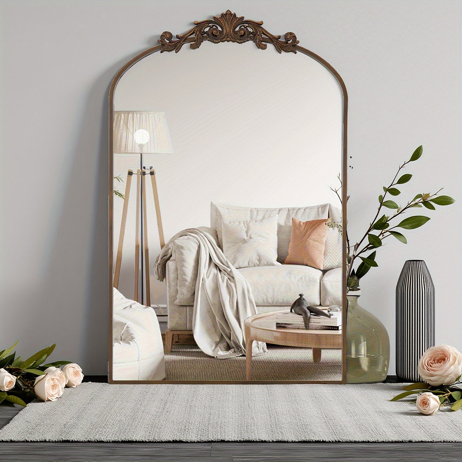 Vintage Golden Arched Mirror - Baroque Carved Metal Frame with Filigree Detailing, 46x22 Inch Wall Mirror for Bathroom Living Room Fireplace Mantel, Hanging or Leaning Retro Vanity Mirror