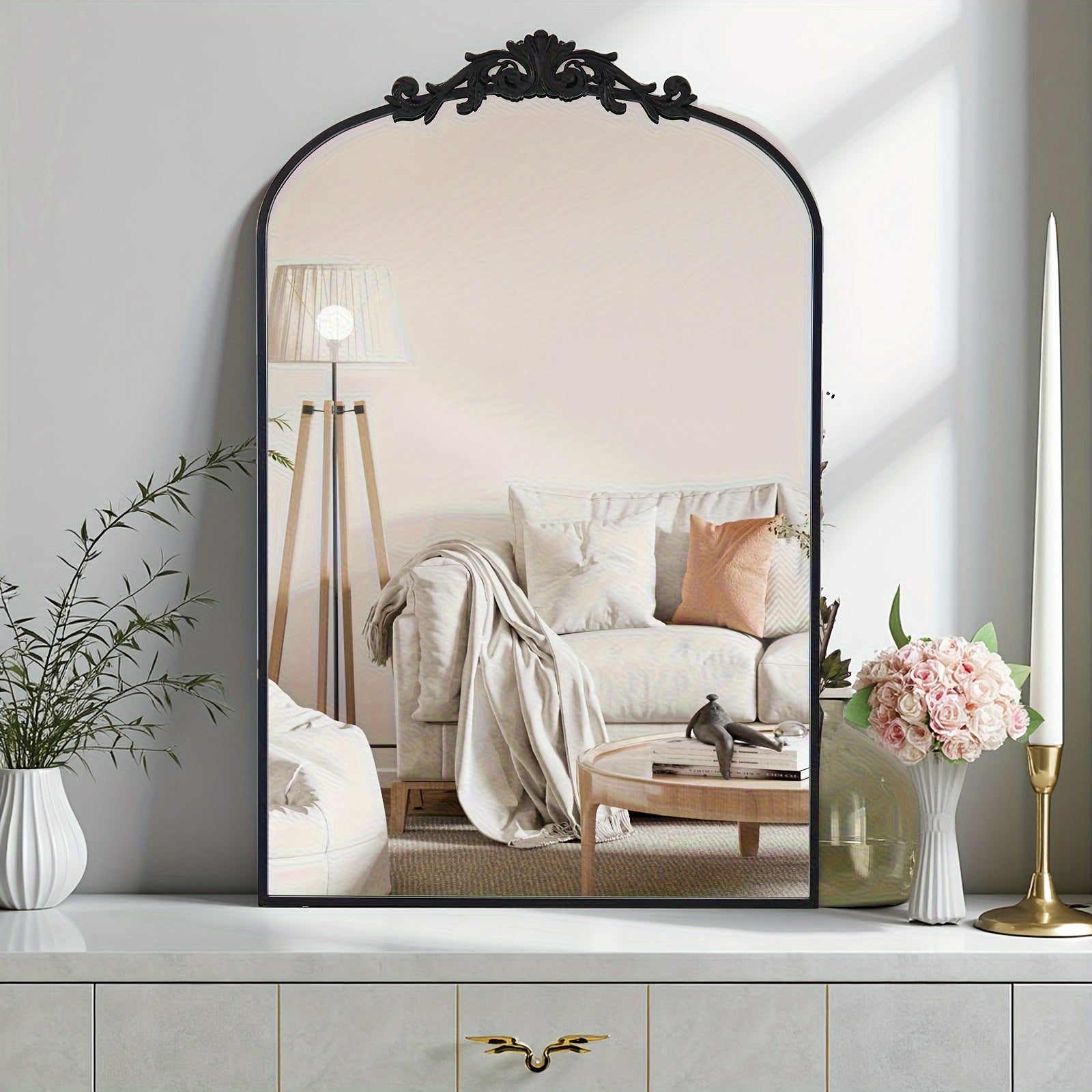 Vintage Golden Arched Mirror - Baroque Carved Metal Frame with Filigree Detailing, 46x22 Inch Wall Mirror for Bathroom Living Room Fireplace Mantel, Hanging or Leaning Retro Vanity Mirror