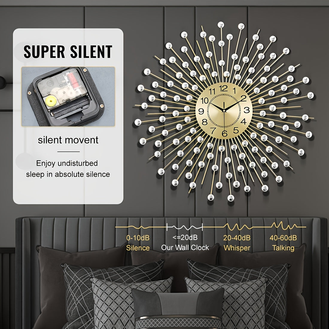 Crystal Large Modern Metal Decor Clock\u002F28 Inch Large Wall Clocks Home Decor\u002FBig Silent Wall Clock\u002FNon-Ticking Golden Round Crystal Metal Wall Watch for Living Room Office Indoor