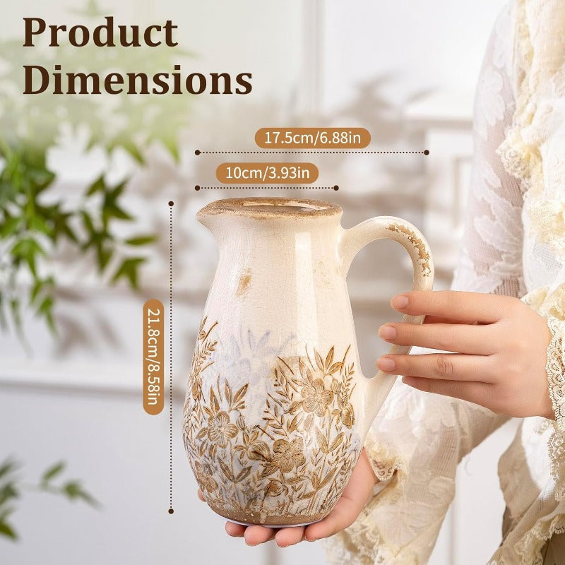 Vintage Purple and Brown Floral Pitcher Vase | French Country Style, Rustic Ceramic Farmhouse Vase for Home Decor, Living Room Bookshelf, Grand Millennial Tuscan Decor, 8.7 in Cylinder Shape