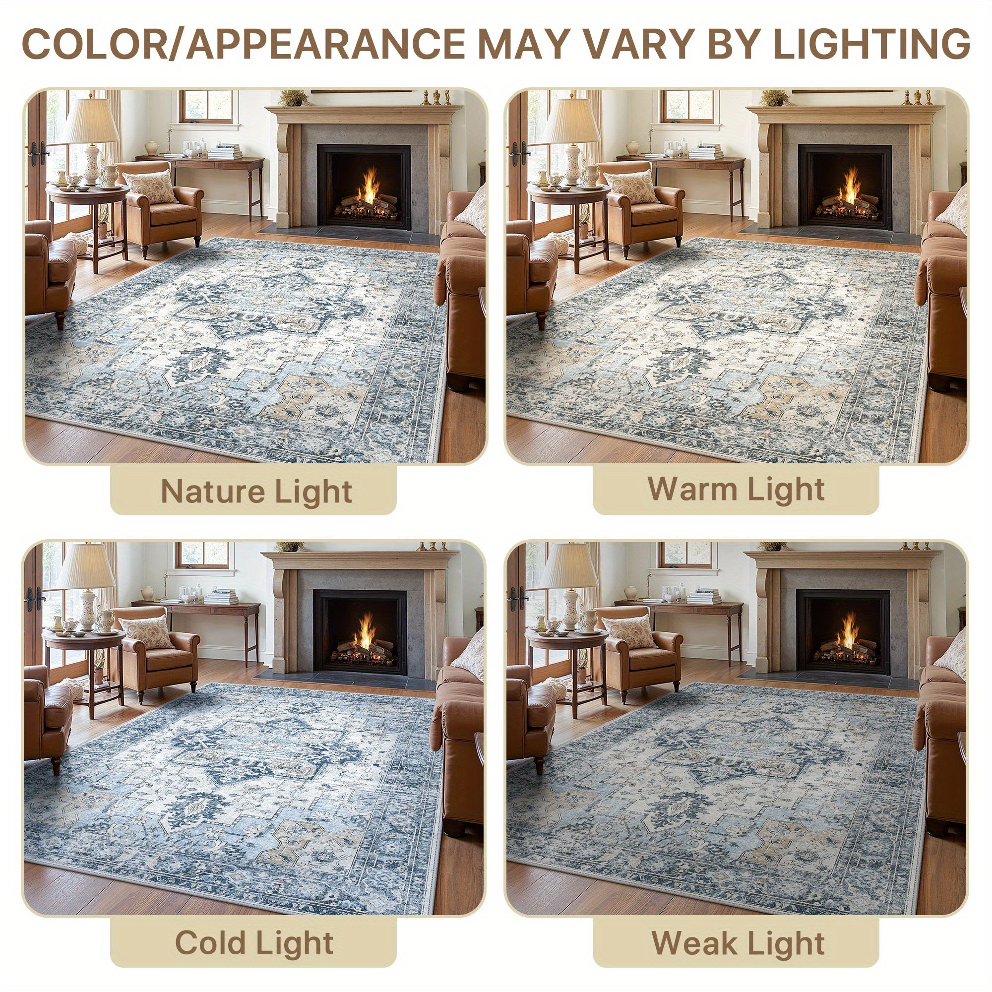 Area Rugs for Living Room, Machine Washable Rug, Non-Slip Vintage Retro Rugs, Low Pile Lightweight Chenille Print Rug for Bedroom, Dining Room, Home Office, Bathroom Carpet, Blue