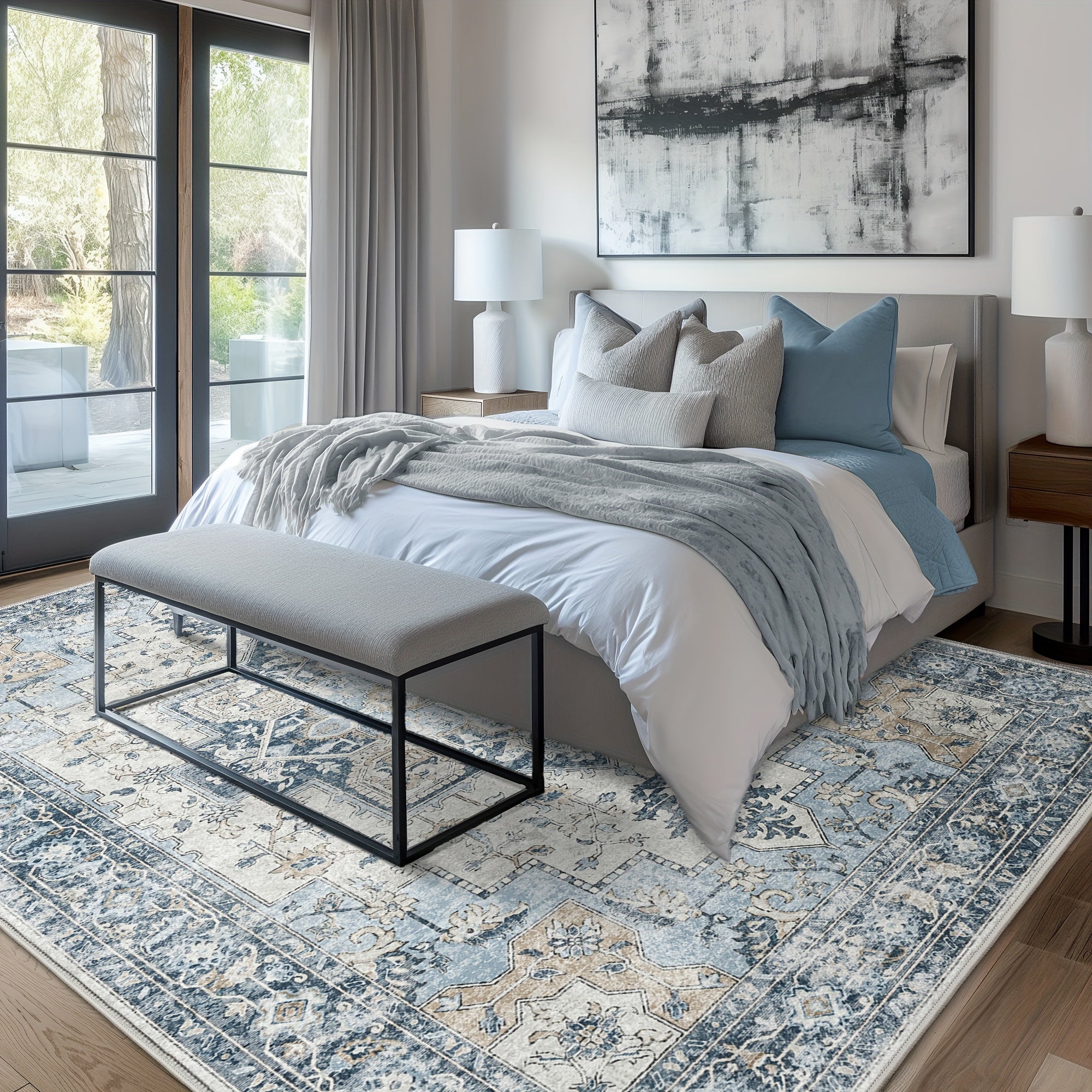 Area Rugs for Living Room, Machine Washable Rug, Non-Slip Vintage Retro Rugs, Low Pile Lightweight Chenille Print Rug for Bedroom, Dining Room, Home Office, Bathroom Carpet, Blue