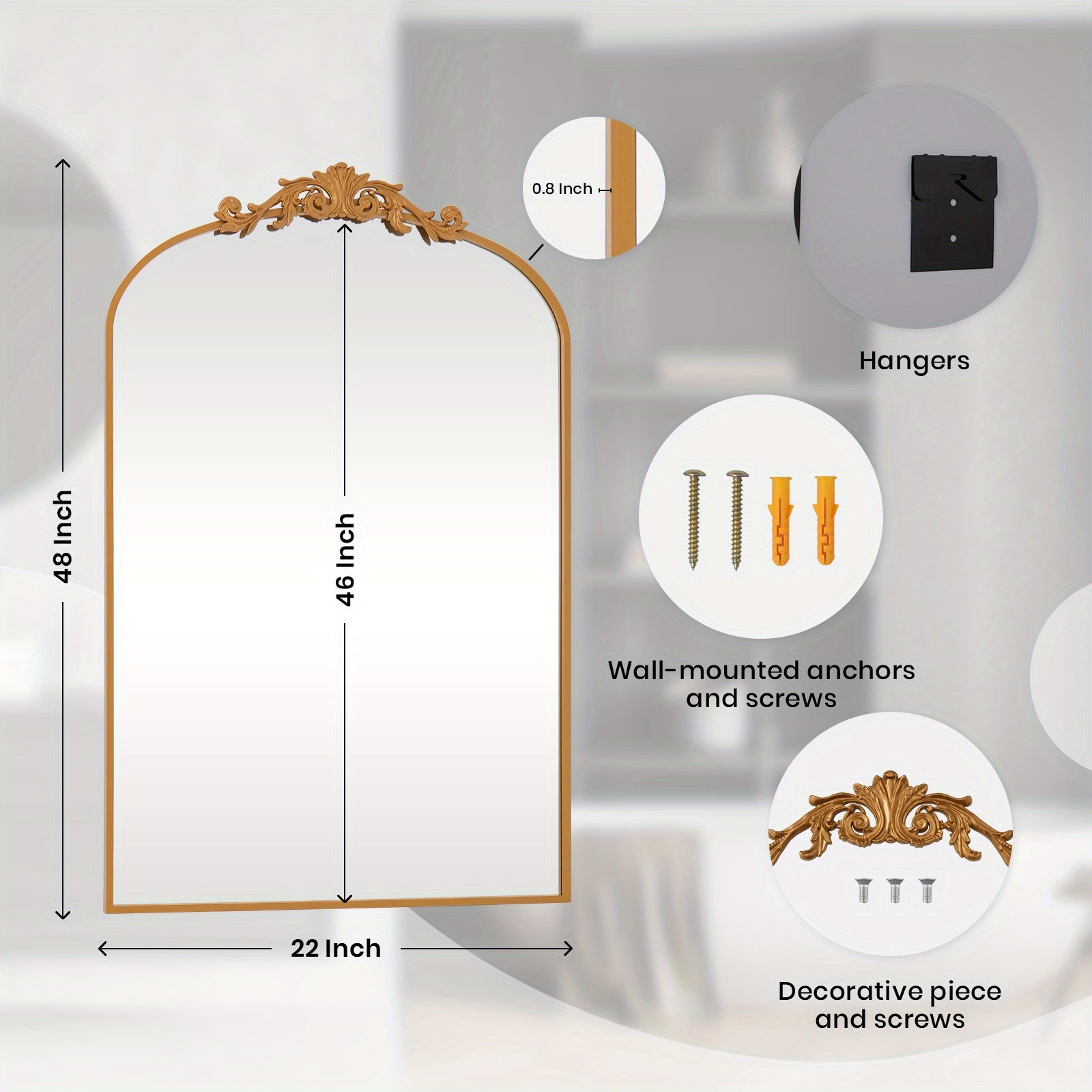 Vintage Golden Arched Mirror - Baroque Carved Metal Frame with Filigree Detailing, 46x22 Inch Wall Mirror for Bathroom Living Room Fireplace Mantel, Hanging or Leaning Retro Vanity Mirror