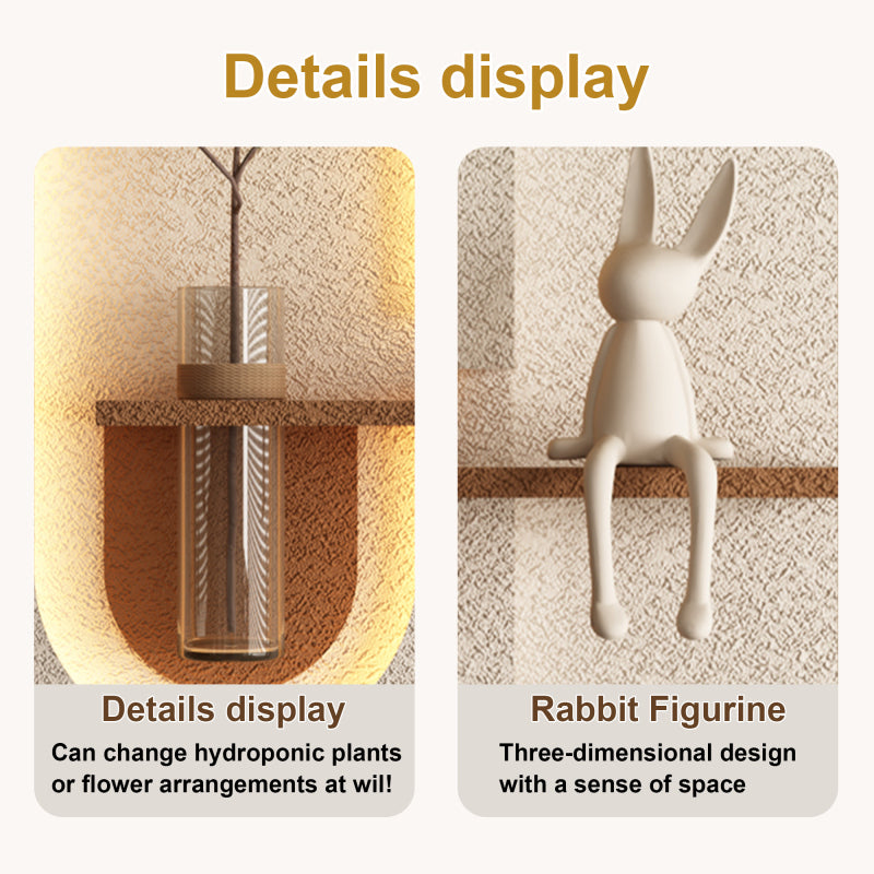 Adjustable 3Color LED Sandstone Wall Decor with Simulated Green Plants 3D Art Sculpture Glass Vase and Rabbit Statue Remote Control Light Strips for Living Room Bedroom Hallway