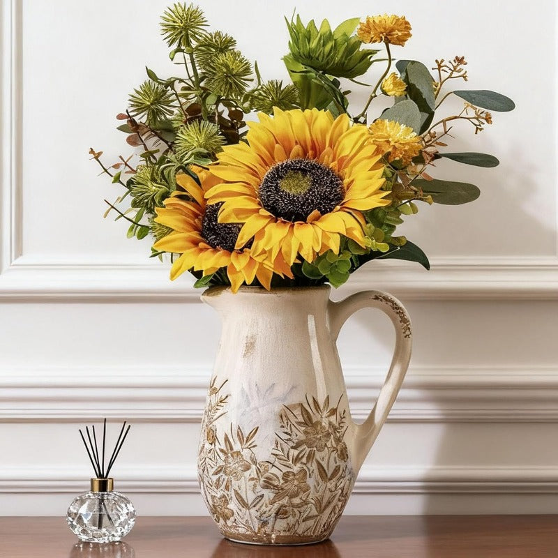 Vintage French Country Ceramic Vase - Large 8.7-Inch Rustic Pitcher Vase with Handle, Purple & Floral Centerpiece for Farmhouse, Tuscan Decor, Bouquets - Durable Ceramic Pitcher for home Arrangements