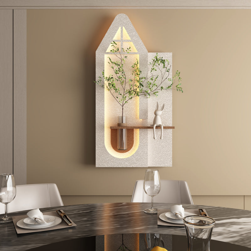 Adjustable 3Color LED Sandstone Wall Decor with Simulated Green Plants 3D Art Sculpture Glass Vase and Rabbit Statue Remote Control Light Strips for Living Room Bedroom Hallway