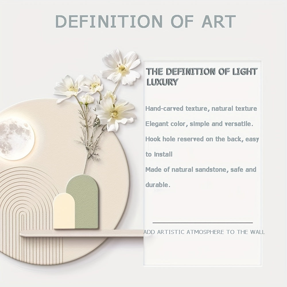 3D Entrance Sandstone Decorative Painting, 19.7x19.7 Inche Large Luxurious Wall Art, Nordic Minimalist Home Decor with Storage Rack, Creative Modern Round Wall Sculptures, with Artificial Plants for Living Room, Badroom