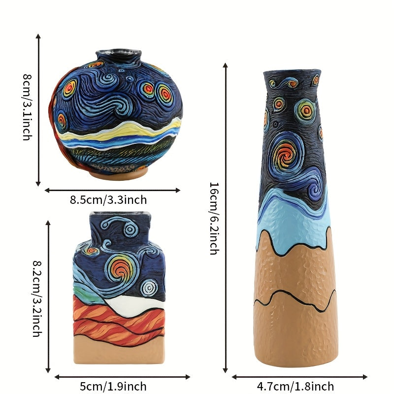 Starry Night Vase Set - 3pcs Blue Gradient Resin For Fresh\u002FDried Flowers Living Room Decor