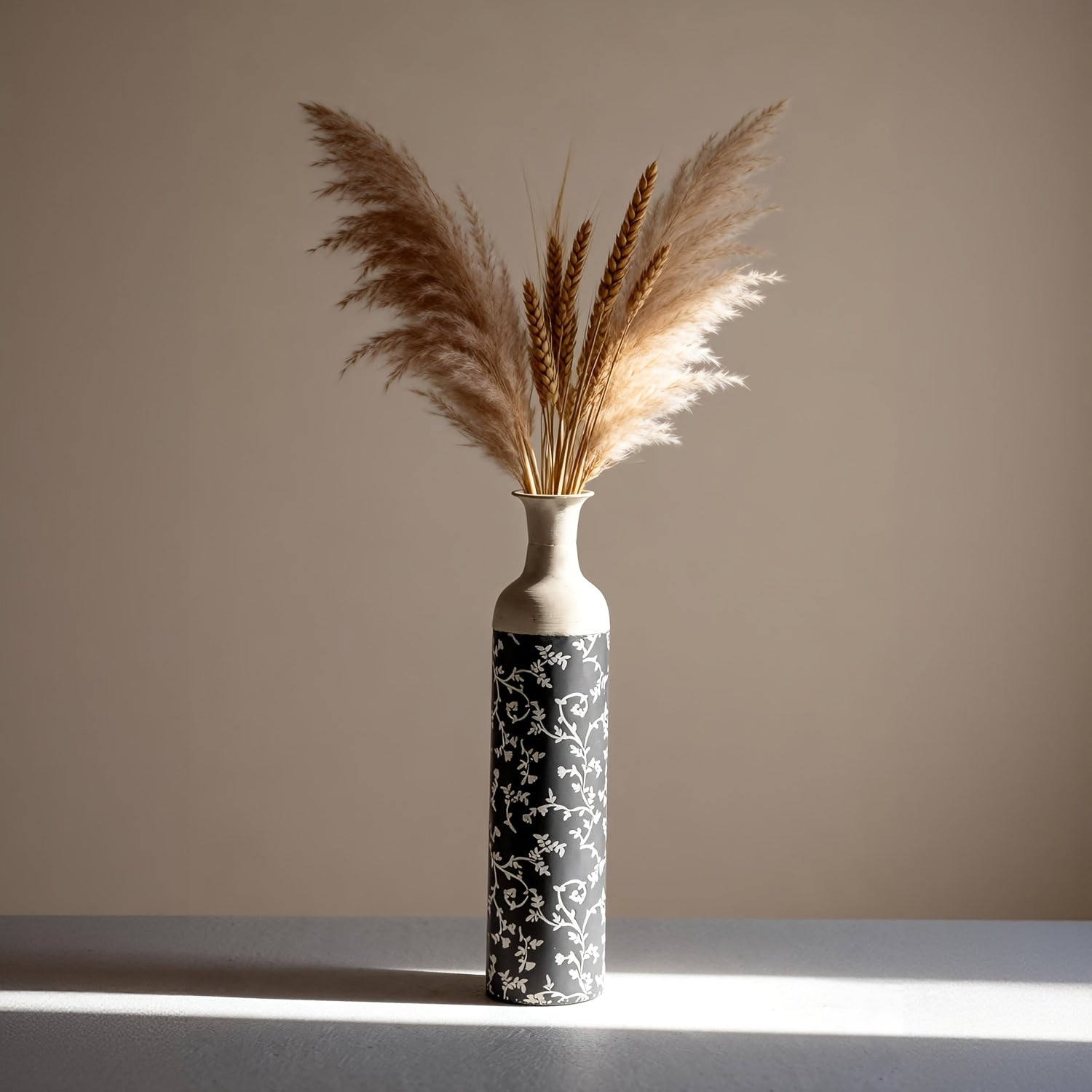 Vintage Home Ornaments | Florist Indoor Living Room Foyer Arrangement Dried Decorations Decorative Vases, Pedestal Brass Vase, Eclectic Style, Plaid Pattern