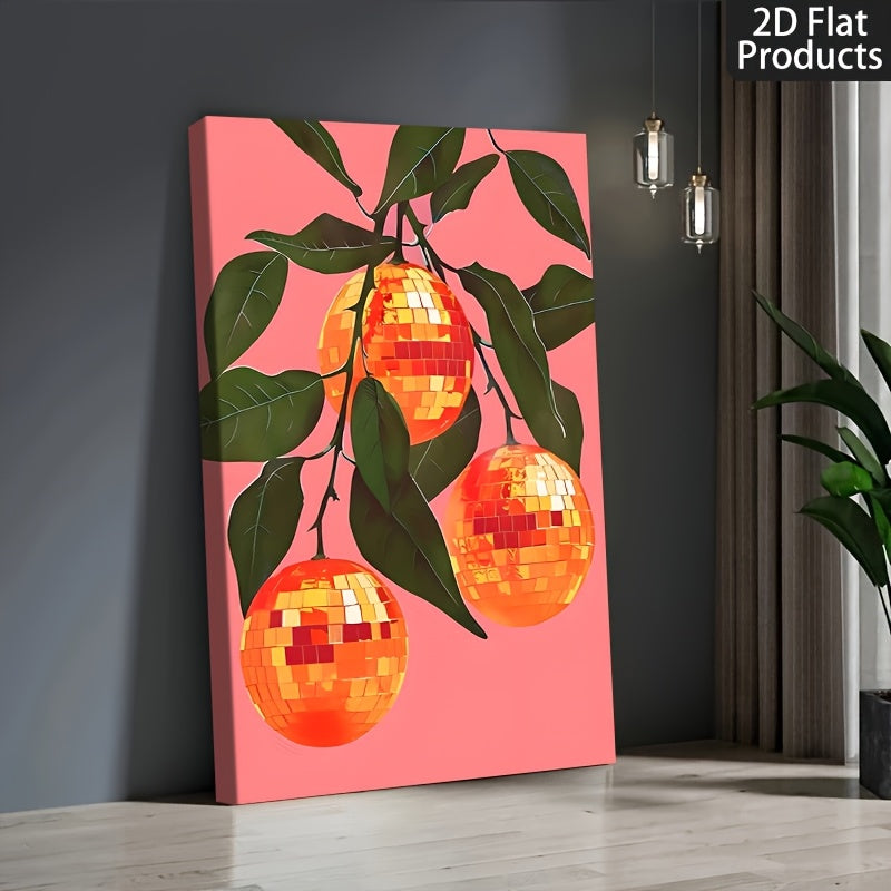 1pc Wrapped Solid Wood Frame, Exquisite Poster. Retro Funky Pink Disco Ball Orange Suitable For Room Decoration, Home Decoration, Holiday Decoration, Living Room Decoration, Entrance Decoration