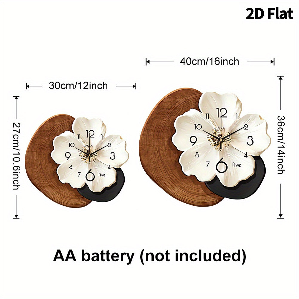 A Contemporary Floral Wall Clock Featuring a Large White Face And Black Hands - Operates Silently with Quartz Movement, Has a Unique Flower-Shaped Design, And Comes in a Beige And Brown Faux Wood Frame, Perfect for Decorating Your Living Room